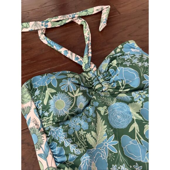 NEW Kitty & Vibe Halter One Piece Swimsuit Blue Green Floral Large - Picture 4 of 8